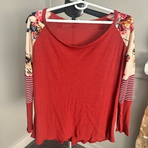 Lovely Melody Red Raglan Long Sleeve Top with Floral & Stripes